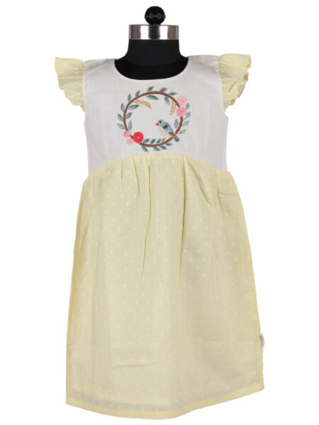 Yellow White Bird Embroidered Dress