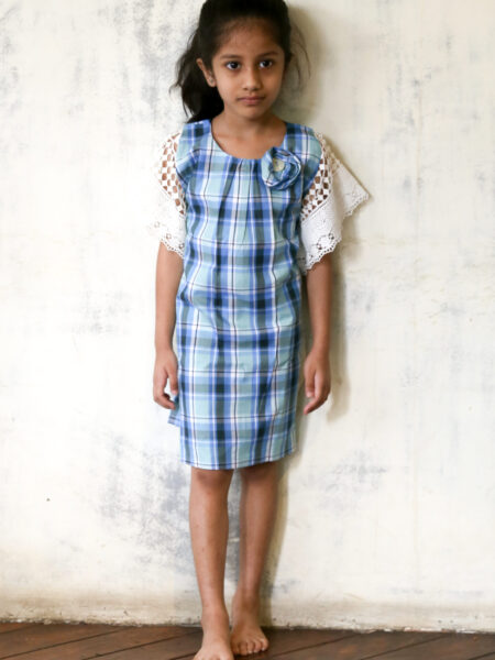 Blue Checkered Dress with Lace