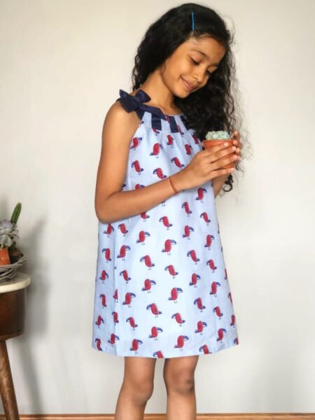 Cyan Bird Printed  Dress