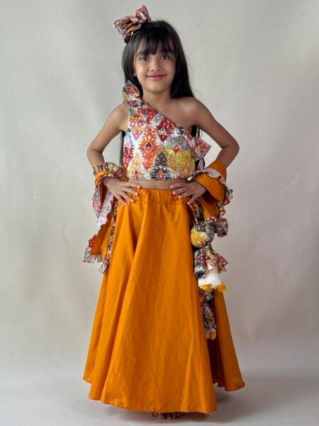 Orange One Shoulder A-line Lehenga