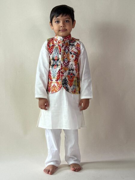 Off-white Cotton Kurta With Multicolored Nehru Jacket